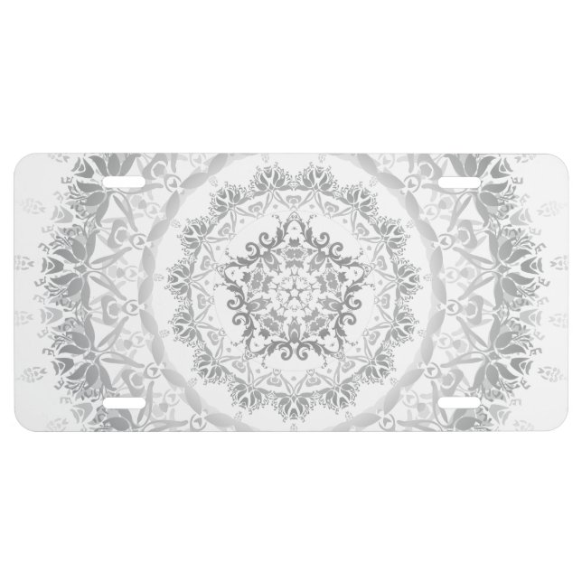 Gray White Floral Damask Mandala License Plate (Front)