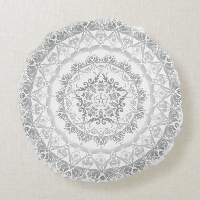 Gray White Floral Damask Mandala Round Pillow (Back)