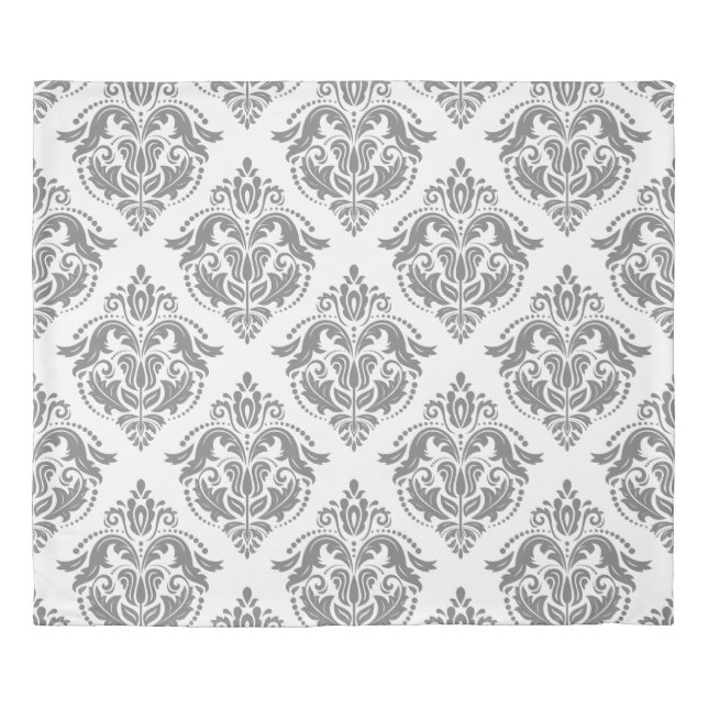 Gray & White Floral Damasks Geometric Pattern Duvet Cover (Front)