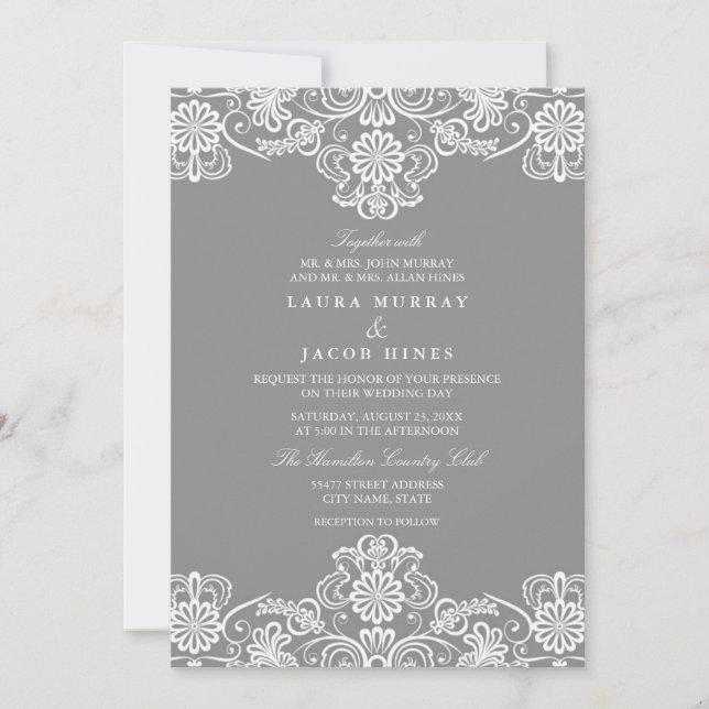 Gray & White Floral Lace Wedding Invitation (Front)