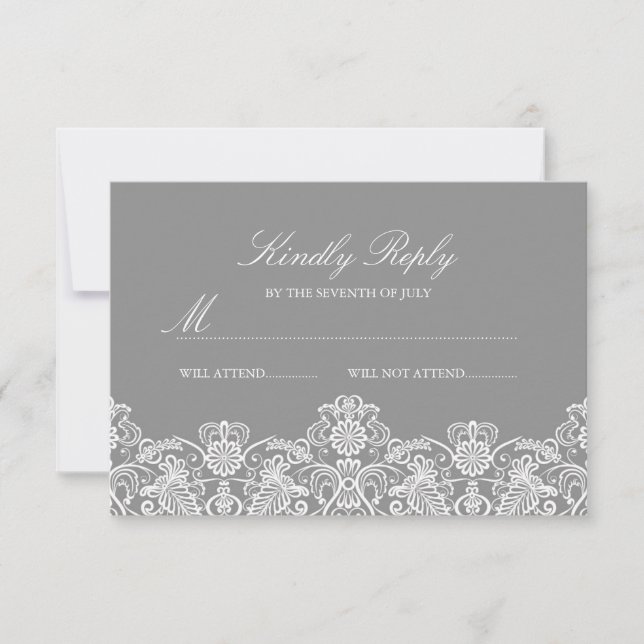 Gray & White Floral Lace Wedding RSVP (Front)