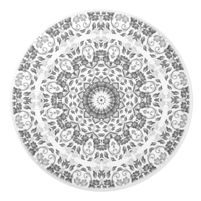 Gray White Floral Mandala Ceramic Knob (Front)