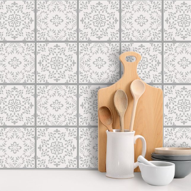 Gray White Floral Mosaic Tile Pattern Peel Stick Wallpaper (Creator Uploaded)