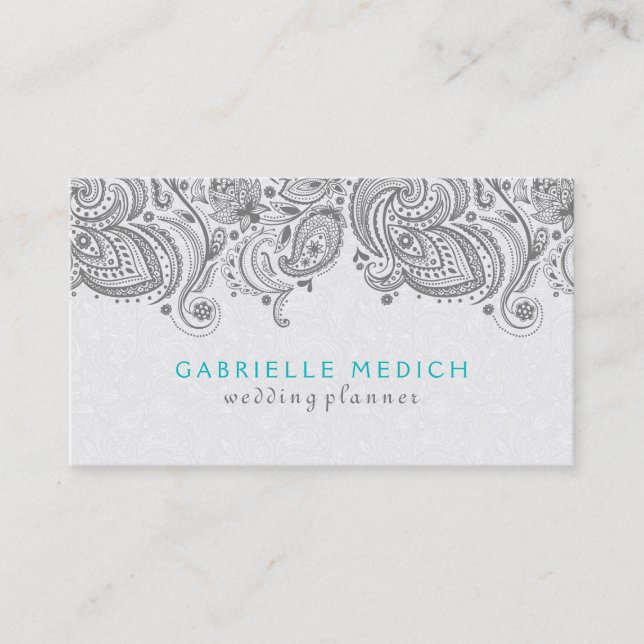Gray & White Floral Paisley Lace Business Card (Front)