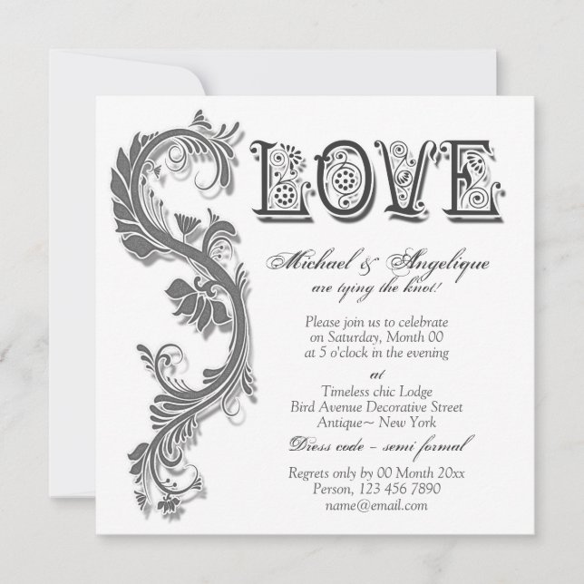 Gray white floral swirl engagement wedding invitation (Front)