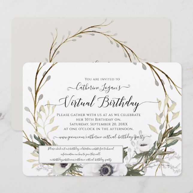 Gray White Floral Wreath Rustic Virtual Birthday Invitation (Front/Back)