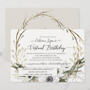 Gray White Floral Wreath Rustic Virtual Birthday Invitation