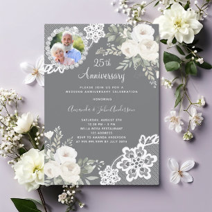 Gray white florals photo 25th wedding anniversary invitation