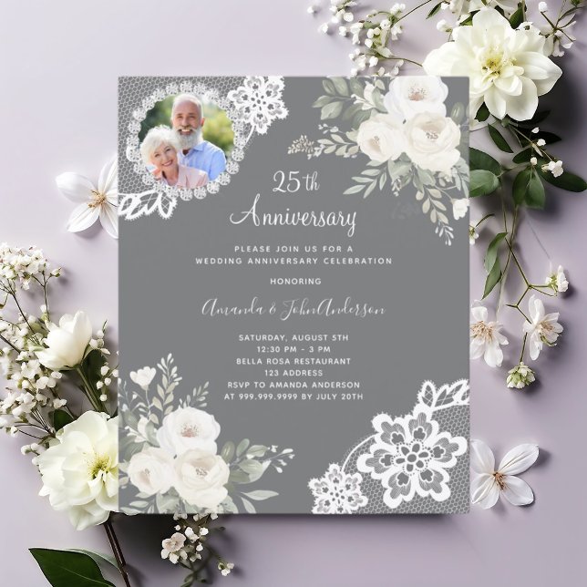 Gray white florals photo 25th wedding invitation (Creator Uploaded)