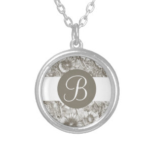 Gray white flowers custom monogram necklace