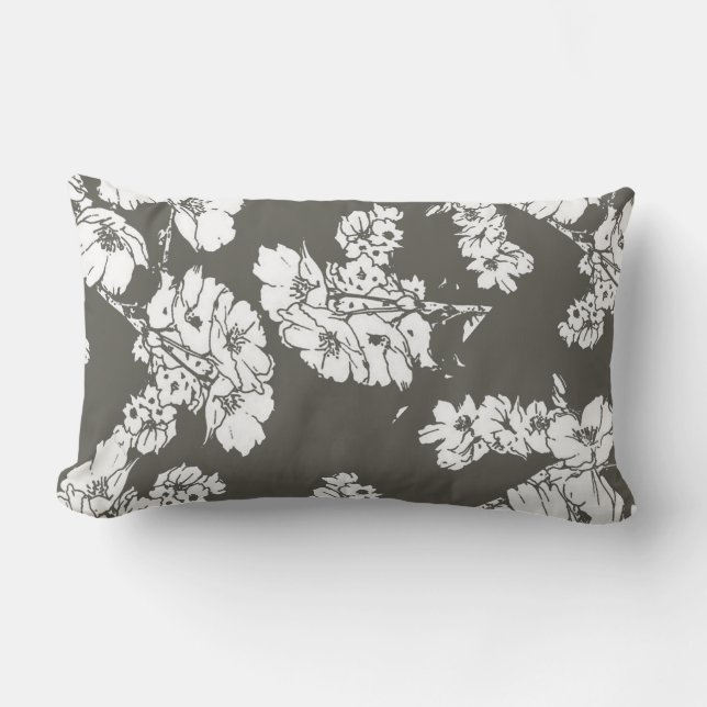 Gray white flowers pillow LUMBAR sofa throw cotton (Front)