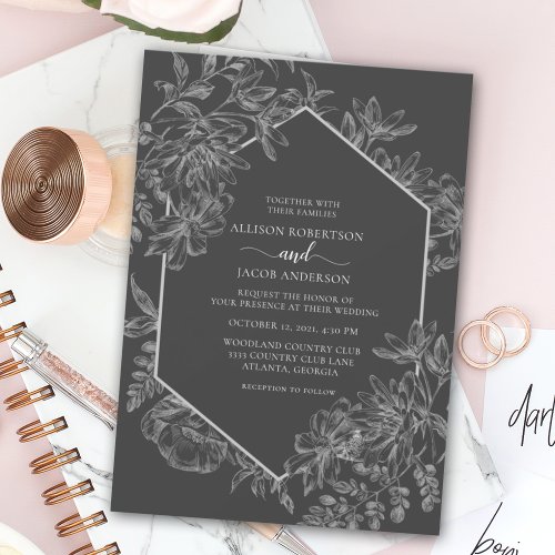 Gray White Geometric Floral Wedding All In One Invitation
