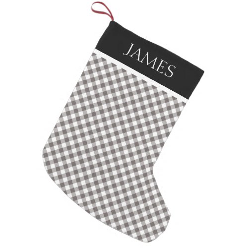 Gray White Gingham Black Collar Custom Name Small Christmas Stocking