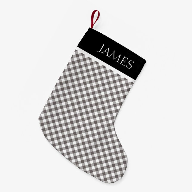 Gray White Gingham Black Collar Custom Name Small Christmas Stocking (Front (Hanging))