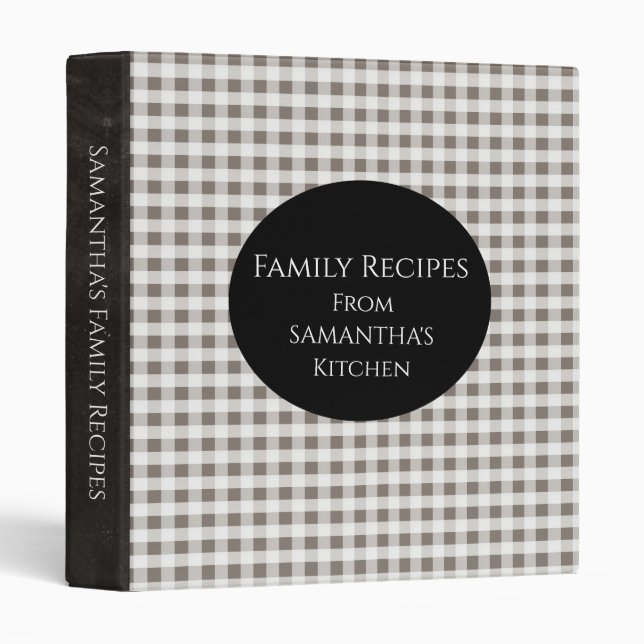 Gray & White Gingham Checkered Recipe Binder (Front/Spine)