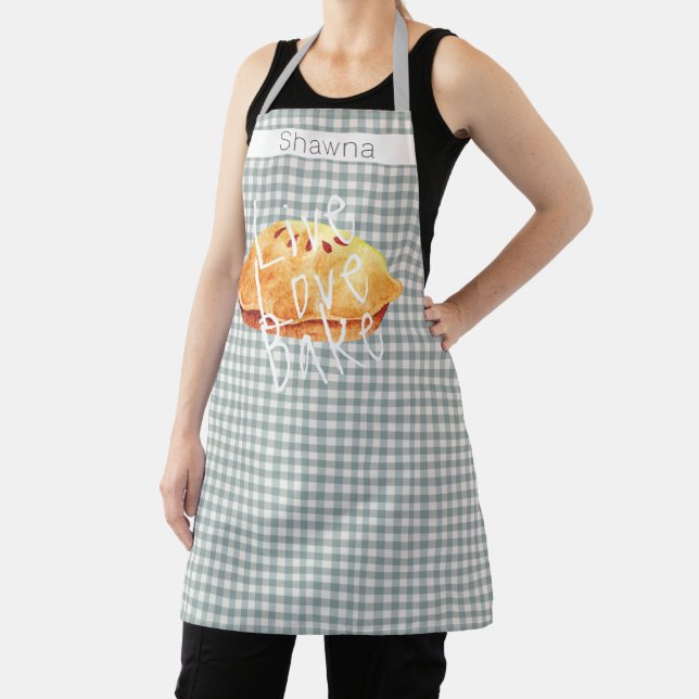 Gray White Gingham Live Love Bake Personalized  Apron (Insitu)