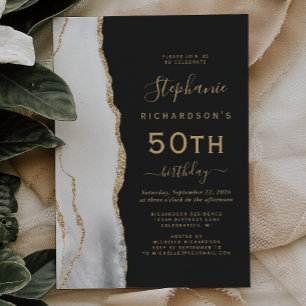 Gray White Gold Agate Dark 50th Birthday Party Invitation