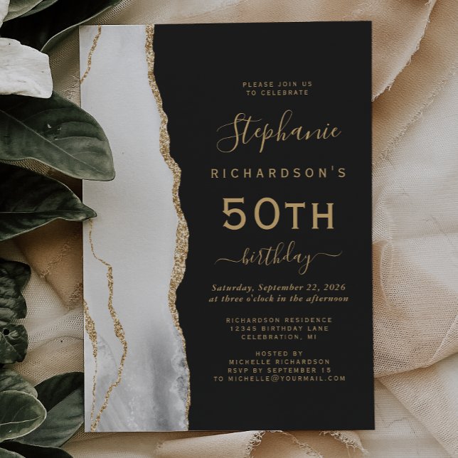 Gray White Gold Agate Dark 50th Birthday Party Invitation (Creator Uploaded)