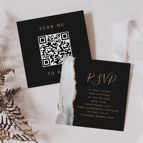 Gray White Gold Agate Dark Wedding QR Code RSVP Enclosure Card