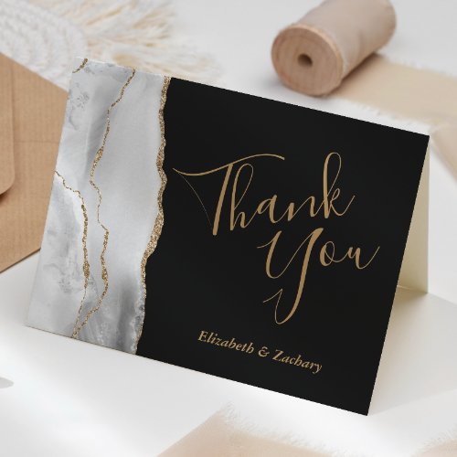 Gray White Gold Agate Dark Wedding Thank You Card