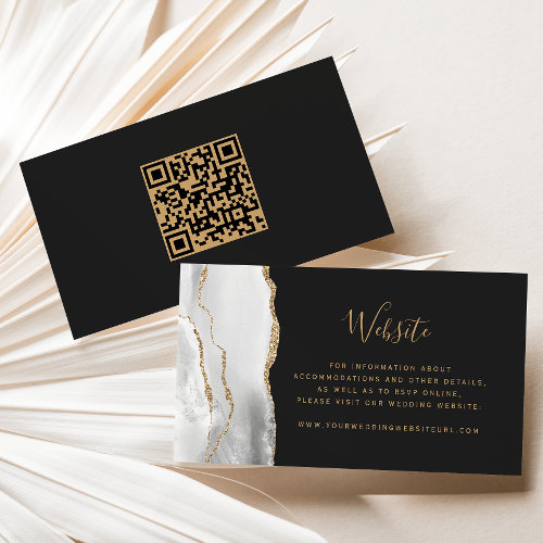 Gray White Gold Agate Dark Wedding Website QR Code Enclosure Card