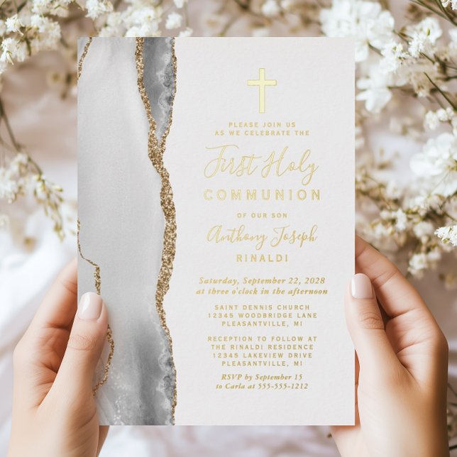 Gray White Gold Agate First Holy Communion Foil Invitation (Creator Uploaded)