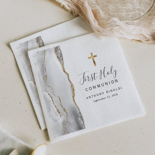 Gray White Gold Agate First Holy Communion Napkins