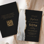 Gray White Gold Agate QR Code 50th Birthday Invitation<br><div class="desc">The left-hand edge of this elegant modern 50th birthday party invitation features a gray and white watercolor agate border trimmed with gold faux glitter. The customizable text combines gold-colored handwriting, copperplate and italic fonts on a slate black background. Add RSVP instructions on the back of the card, along with a...</div>