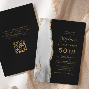 Gray White Gold Agate QR Code 50th Birthday Invitation