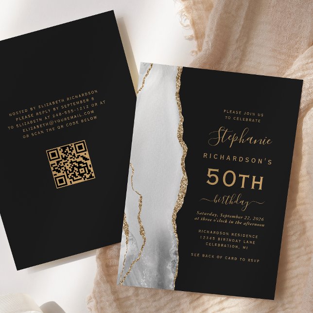 Gray White Gold Agate QR Code 50th Birthday Invitation (Creator Uploaded)