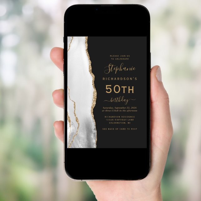 Gray White Gold Agate QR Code 50th Birthday Invitation (Front Digital)