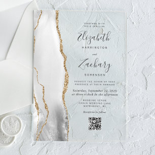 Gray White Gold Agate QR Code Wedding Acrylic Invitations