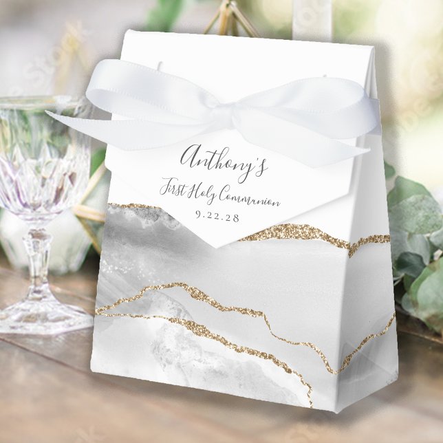 Gray White Gold Agate Script First Communion Favor Boxes (Creator Uploaded)
