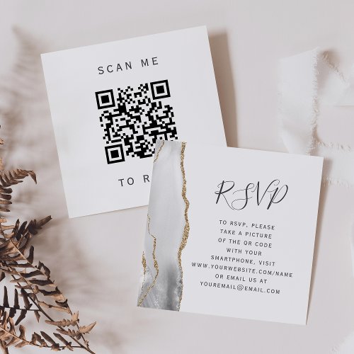 Gray White Gold Agate Wedding QR Code RSVP Enclosure Card