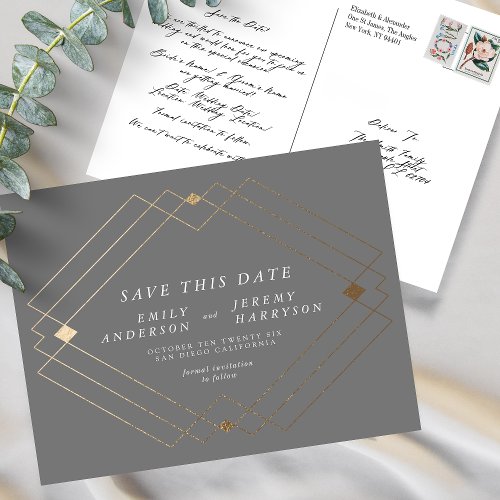 Gray  White Gold Deco Lines Save The Date Wedding Postcard