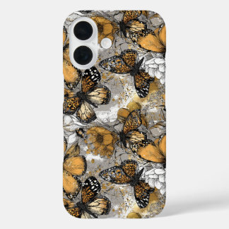 Gray White Gold Floral Butterflies Elegant iPhone 16 Case