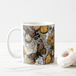 Gray White Gold Floral Butterflies Elegant Coffee Mug