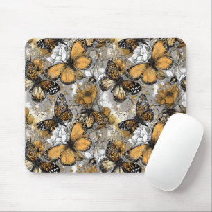 Gray White Gold Floral Butterflies Elegant Mouse Pad