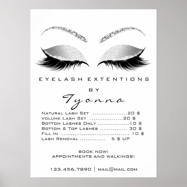 Gray White Gold Makeup Artist Lashes Price List Poster (Front)