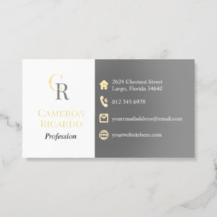 Gray White Gold Monogram One Sided Foil Business Cards