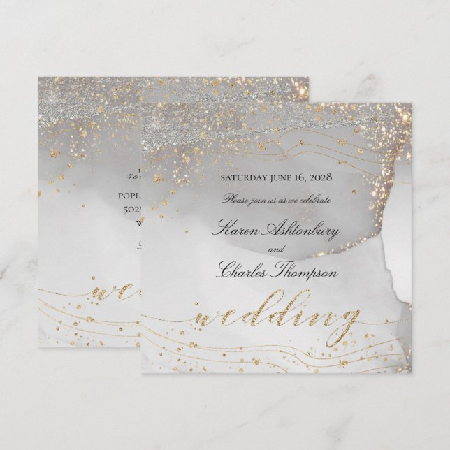 Gray White Gold Odyssey Elegant Sparkling Wedding Invitation (Front/Back)