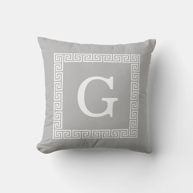 Gray White Greek Key Frame #1 Initial Monogram Throw Pillow (Front)