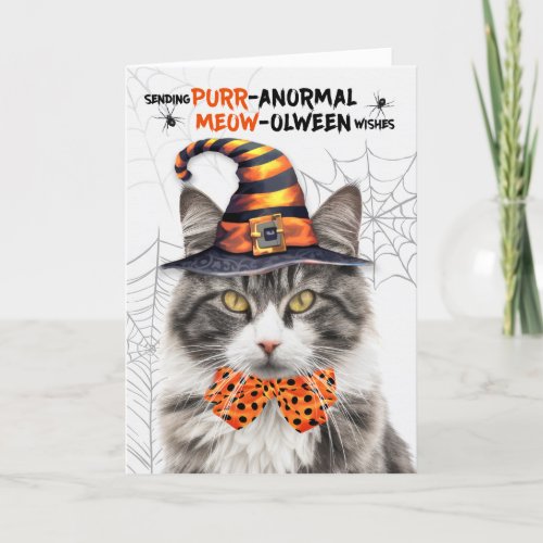 Gray White Halloween Cat PURRanormal MEOWolween Holiday Card