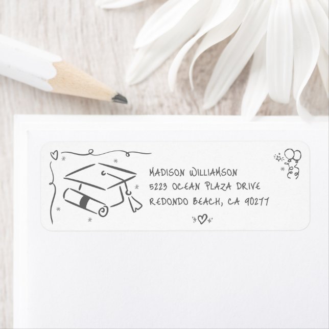 Gray White Hand Drawn Doodles Graduate Cap Address Label (Insitu)