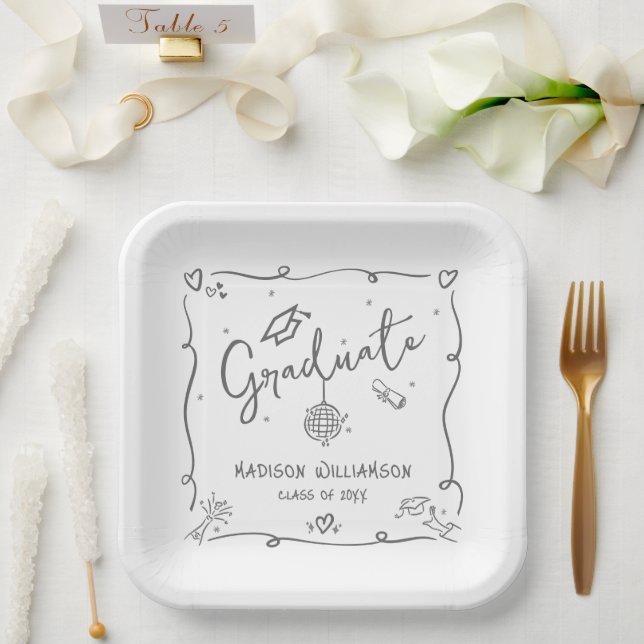 Gray White Hand Drawn Doodles Graduation Fun Retro Paper Plates (Wedding)