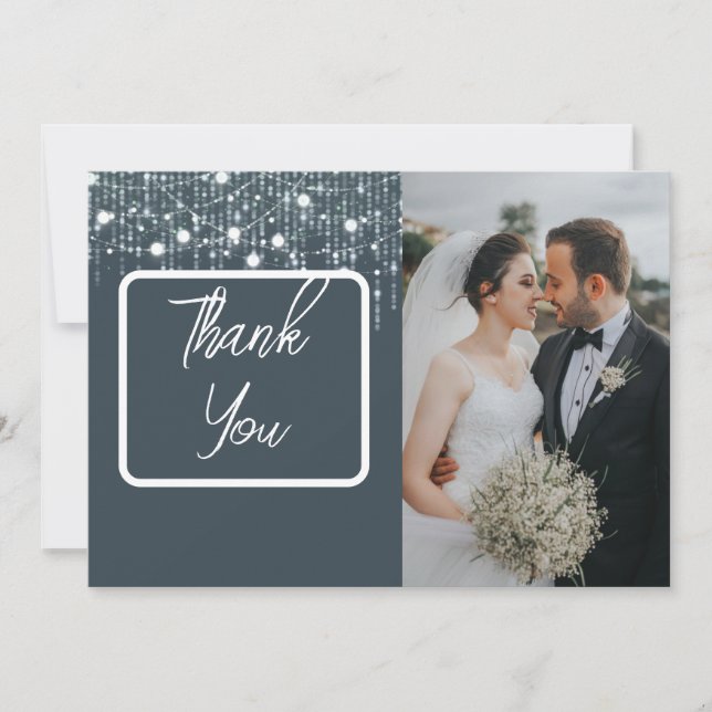 Gray & White Hanging Lights Photo Thank You Card (Front)