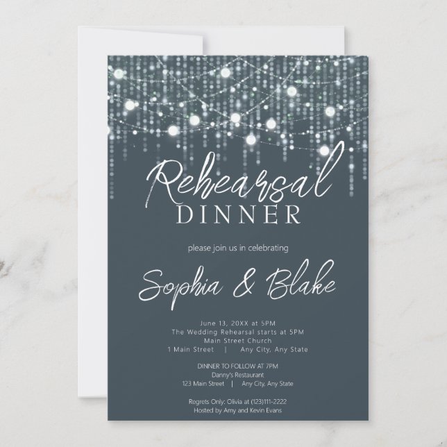 Gray & White Hanging Lights Rehearsal Dinner Invitation (Front)