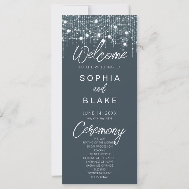 Gray & White Hanging Lights Wedding Program (Front)