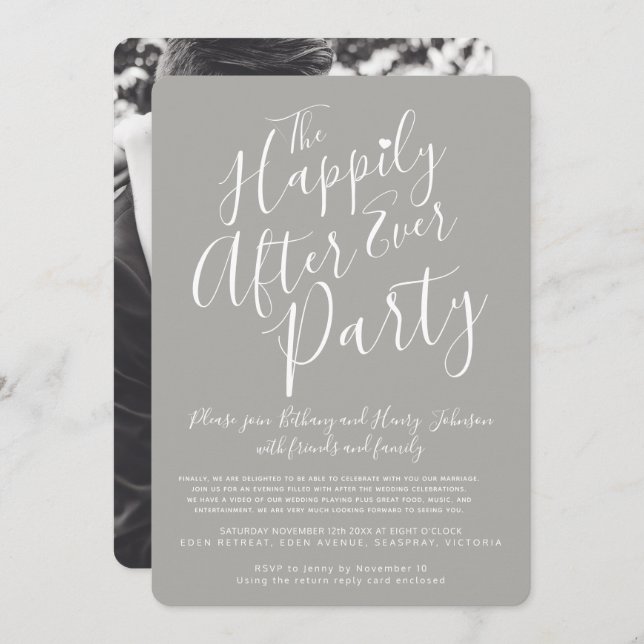 Gray white happily ever after wedding party invitation (Front/Back)