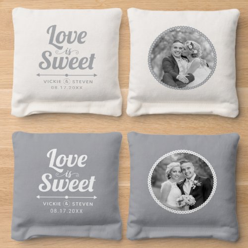 Gray white happily Love is sweet wedding photo Cornhole Bags